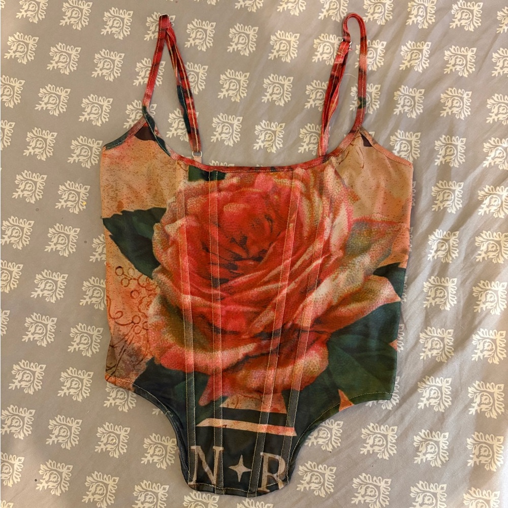 Floral Rose Print Corset-Style Tank Top